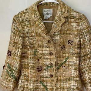 Rickie Freeman for Teri Jon Boho Chic tweed Blazer with embroidery and lace